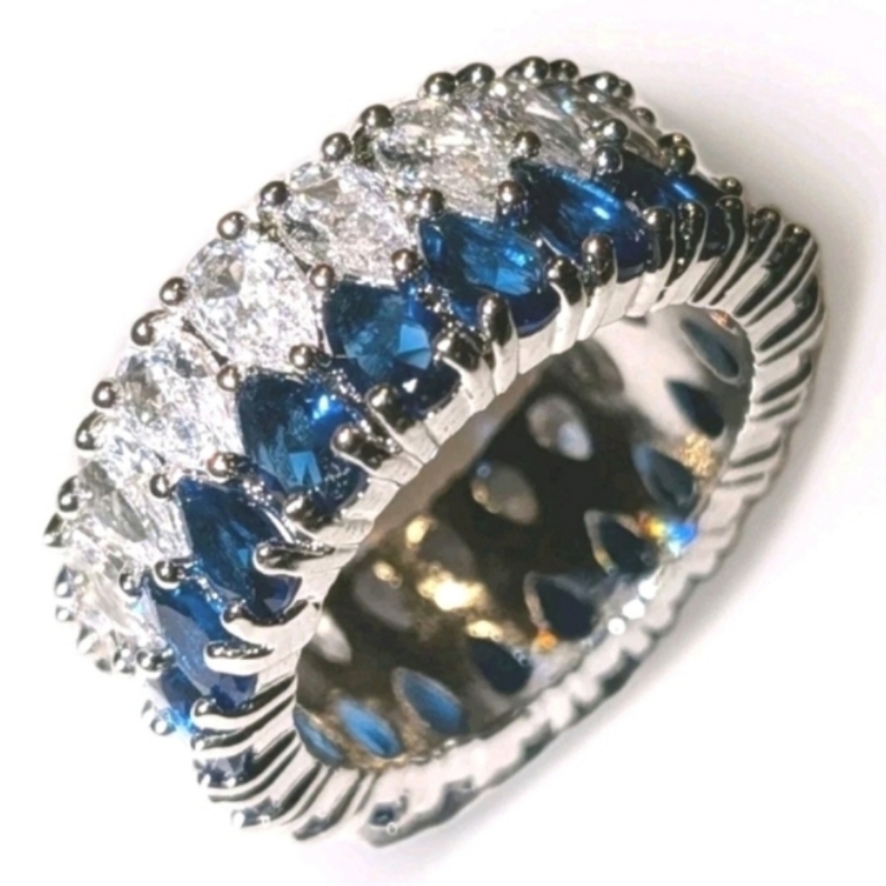 Luxury Pear Cut Simulated Blue & Sapphire Full Eternity Engagement Ring